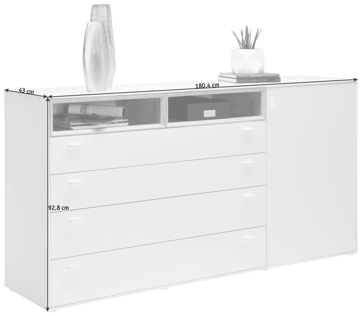 KOMODA, bílá, barvy dubu, 180,4/92,8/43 cm - bílá/barvy dubu, Design, kompozitní dřevo (180,4/92,8/43cm) - Hom`in