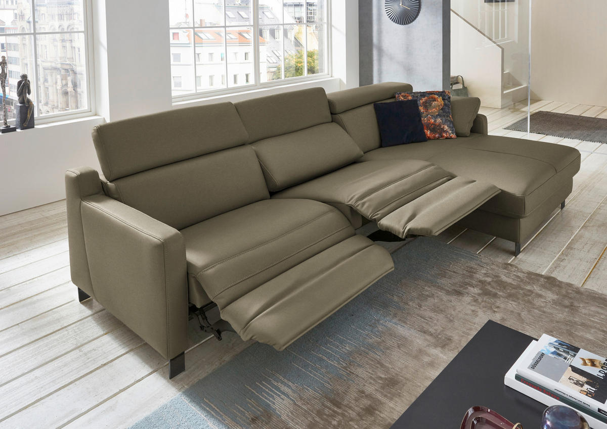 ECKSOFA in Echtleder Olivgrün  - Schwarz/Olivgrün, Design, Leder/Metall (291/176cm) - Valdera