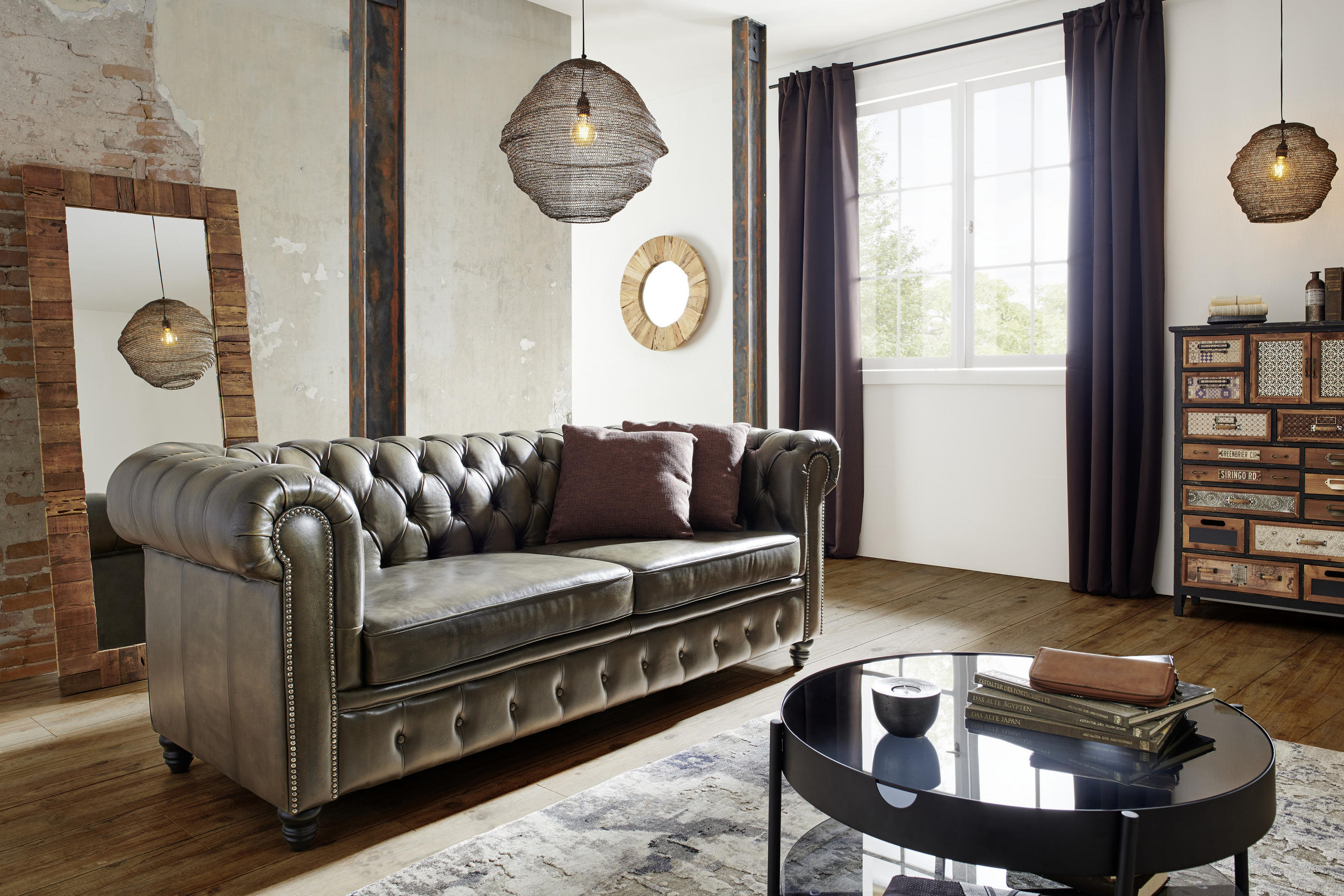 POHOVKA CHESTERFIELD, kůže, černá, šedohnědá - černá/šedohnědá, Lifestyle, kůže (212/81/94cm) - Ambia Home