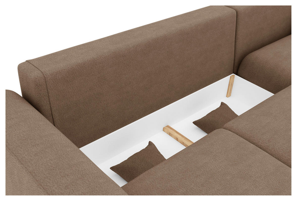 ECKSOFA Cappuccino Lederlook Zierkissen, Rückenkissen, Bettkasten, Schlaffunktion, Rücken echt, Liegefläche im Originalstoff  - Chromfarben/Cappuccino, KONVENTIONELL, Kunststoff/Textil (293/195cm) - Carryhome