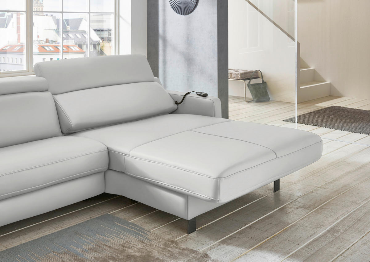 ECKSOFA in Echtleder Hellgrau  - Hellgrau/Schwarz, Design, Leder/Metall (291/176cm) - Valdera