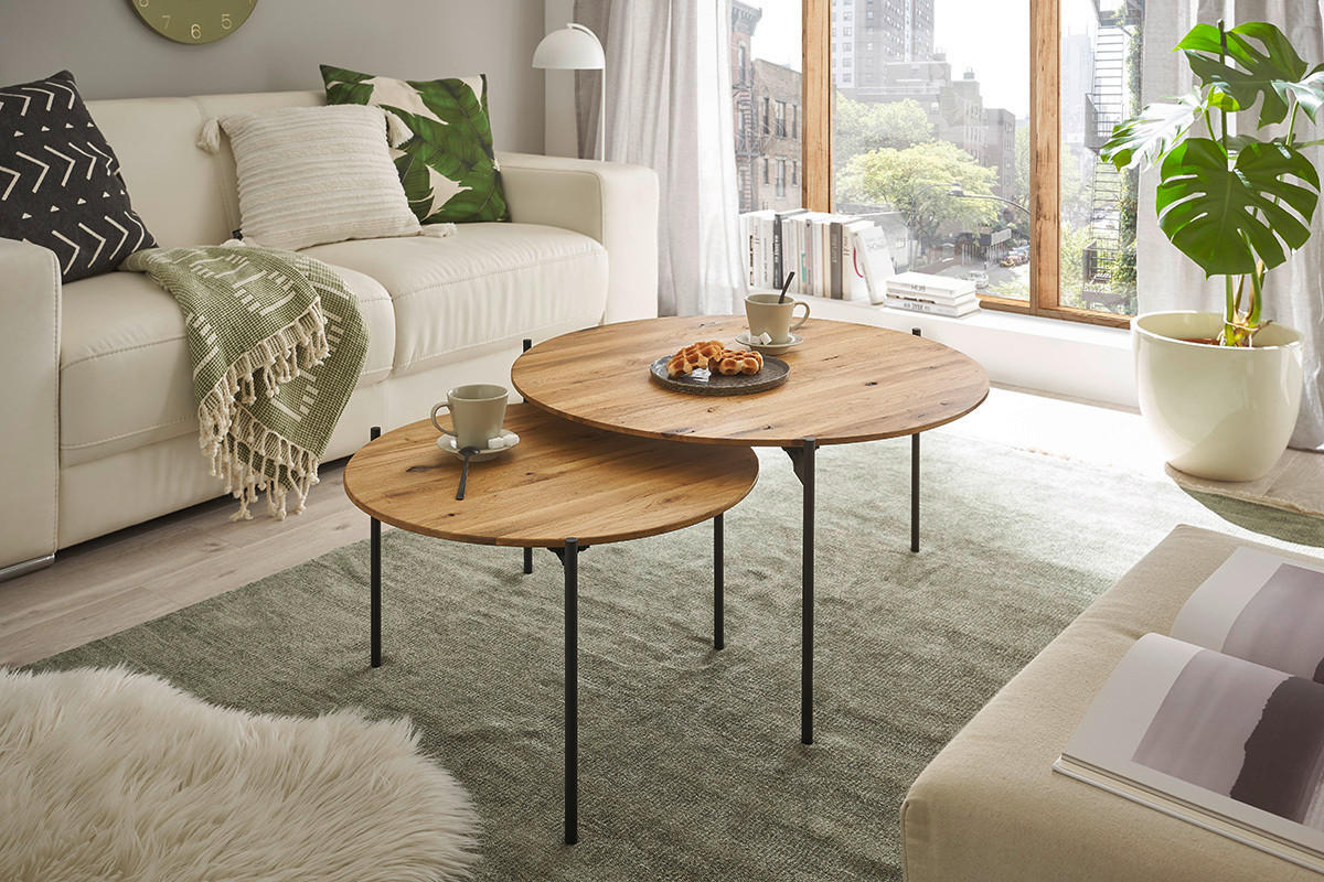 COUCHTISCH Eiche massiv 55/55/33 cm rund Schwarz, Eichefarben  - Eichefarben/Schwarz, Design, Holz/Metall (55/55/33cm) - Linea Natura