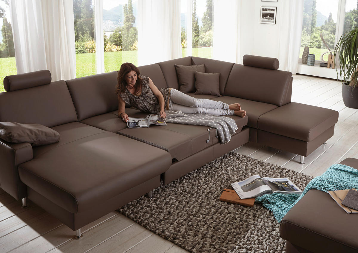 WOHNLANDSCHAFT in Echtleder Dunkelbraun  - Dunkelbraun/Alufarben, Design, Leder/Metall (233/338/165cm) - Beldomo Premium