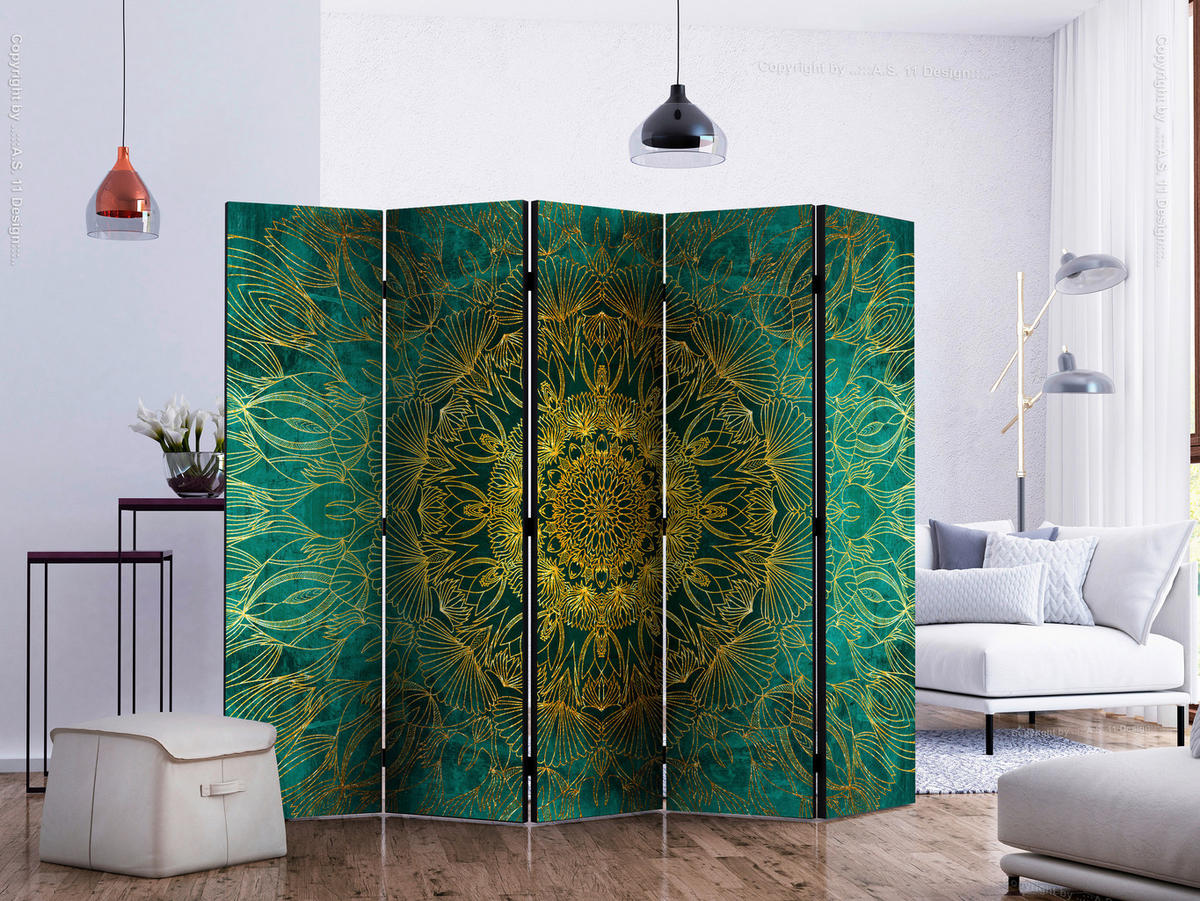SKÄRMVÄGG  i trä, textil  turkos, guldfärgad  - turkos/guldfärgad, Basics, trä/textil (225/172/3cm) - artgeist