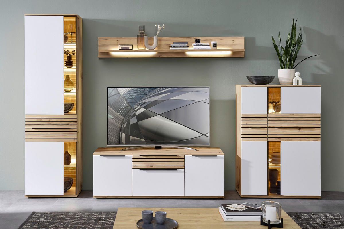 HIGHBOARD Weiß, Eichefarben  90/131/40 cm  - Eichefarben/Schwarz, KONVENTIONELL, Glas/Holzwerkstoff (90/131/40cm) - Venda