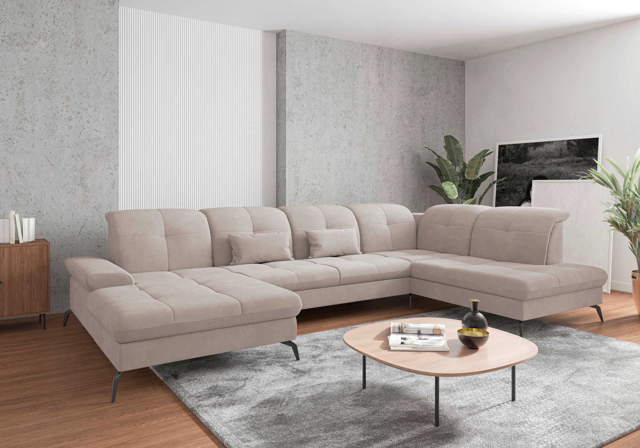 WOHNLANDSCHAFT in Flachgewebe Greige  - Greige/Schwarz, KONVENTIONELL, Textil/Metall (185/357/231cm) - Sit & More