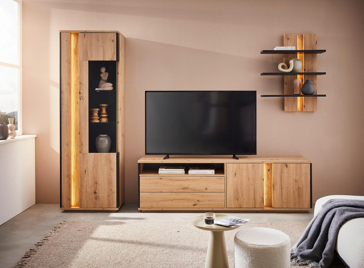 WOHNWAND  in Grau, Eichefarben  252/200/41 cm  - Eichefarben/Grau, Design, Glas/Holzwerkstoff (252/200/41cm) - Stylife