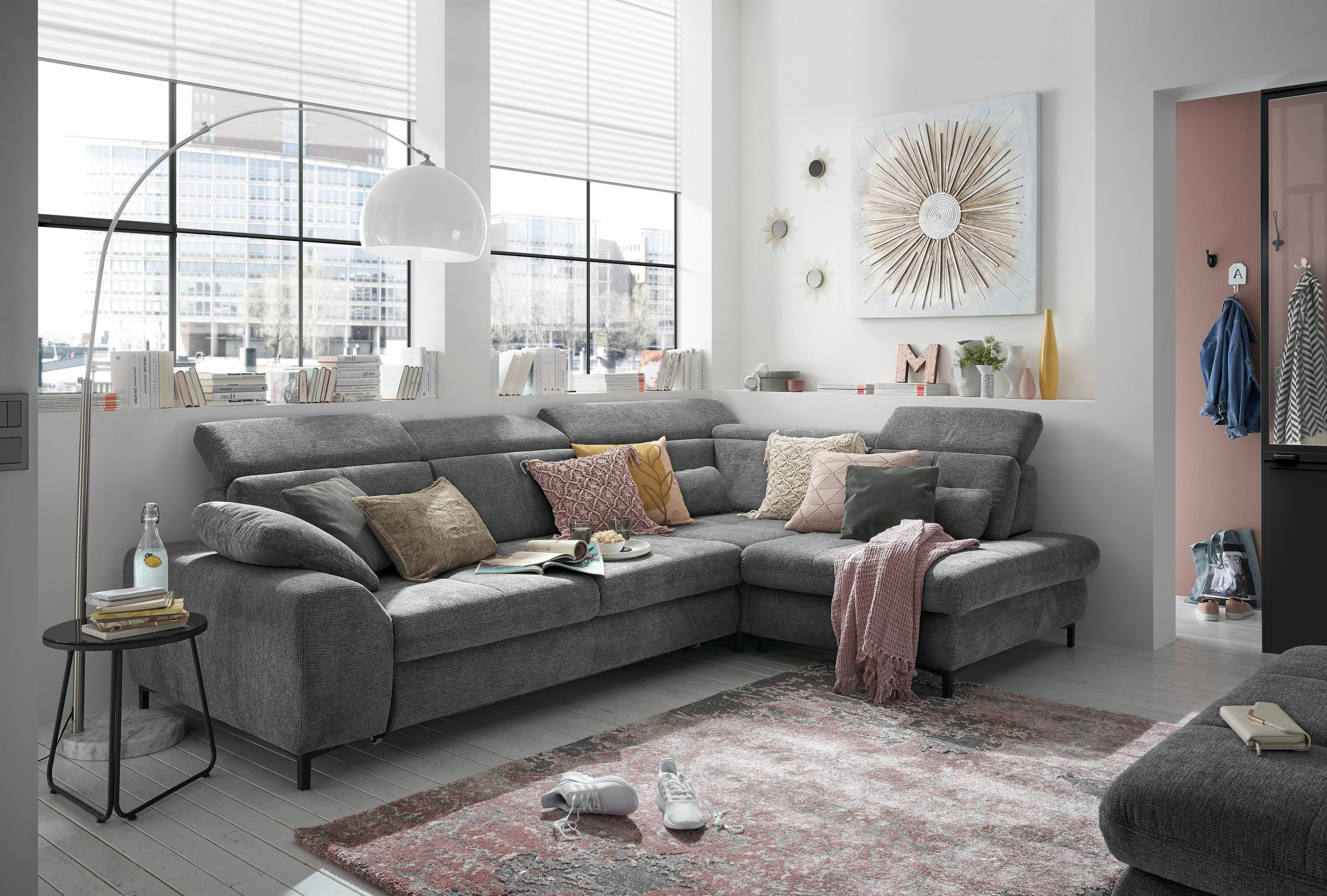 ECKSOFA Anthrazit Webstoff  - Anthrazit/Schwarz, KONVENTIONELL, Textil/Metall (314/220cm) - SetOne by Musterring