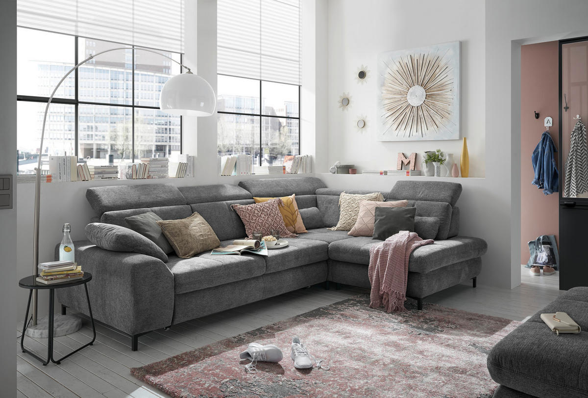 ECKSOFA Anthrazit Webstoff  - Anthrazit/Schwarz, KONVENTIONELL, Textil/Metall (314/220cm) - SetOne by Musterring