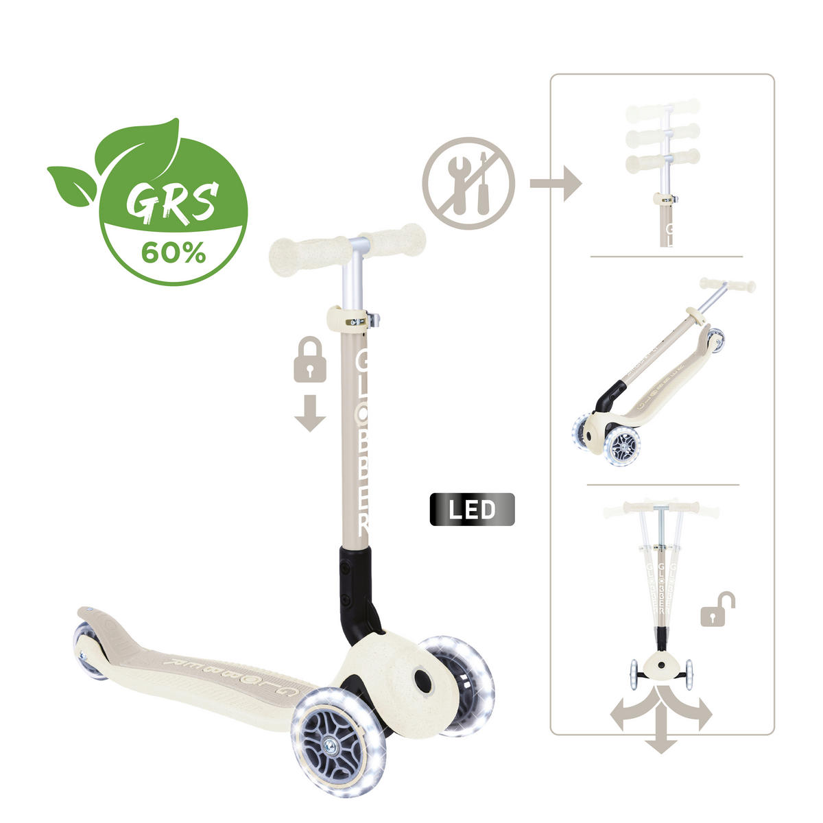 KINDERSCOOTER JUNIOR FOLDABLE LIGHTS  - Perlmutt, Basics, Kunststoff (57.5/28/68cm) - GLOBBER