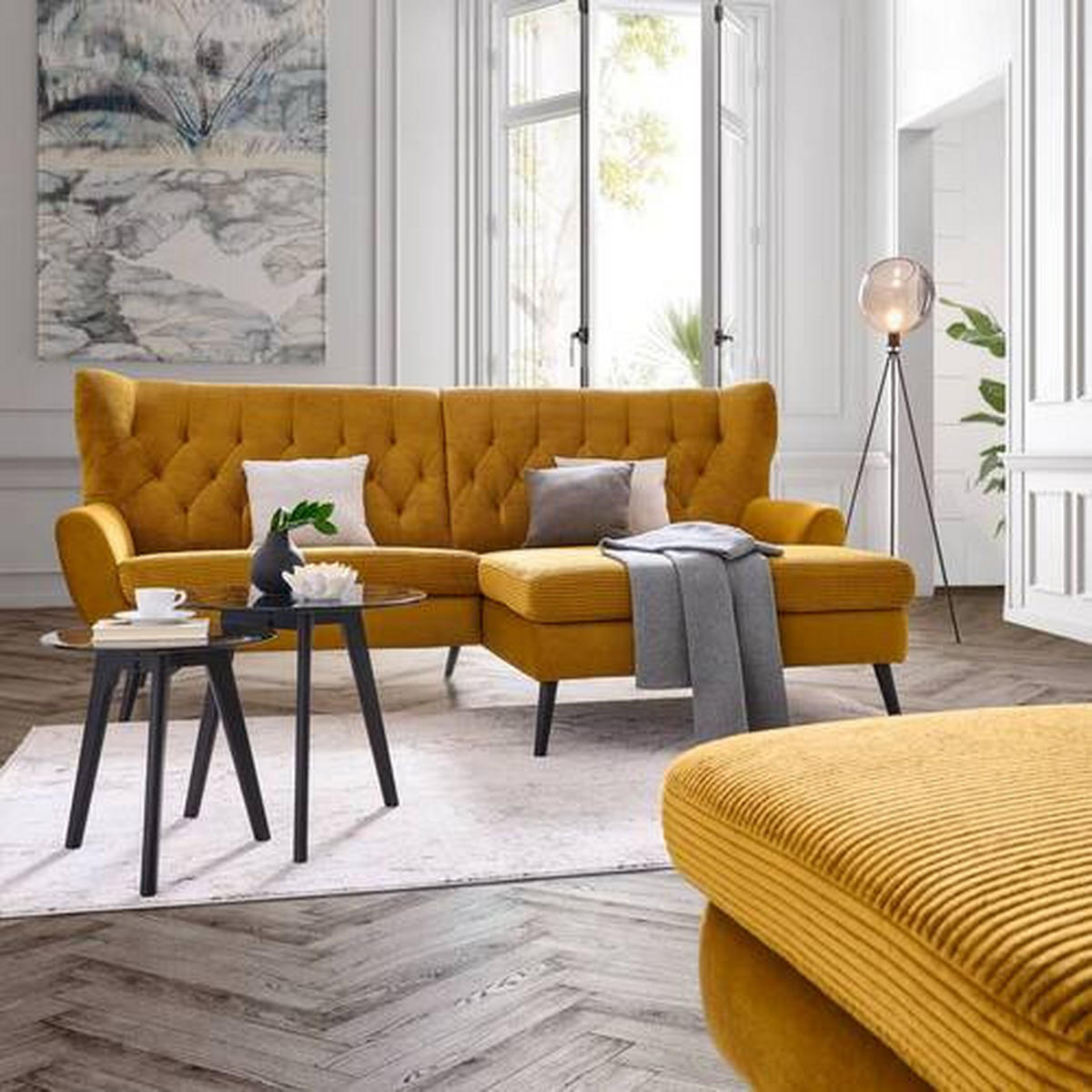 ECKSOFA in Cord Currygelb  - Currygelb/Schwarz, Design, Holz/Textil (237/165cm) - Stylife