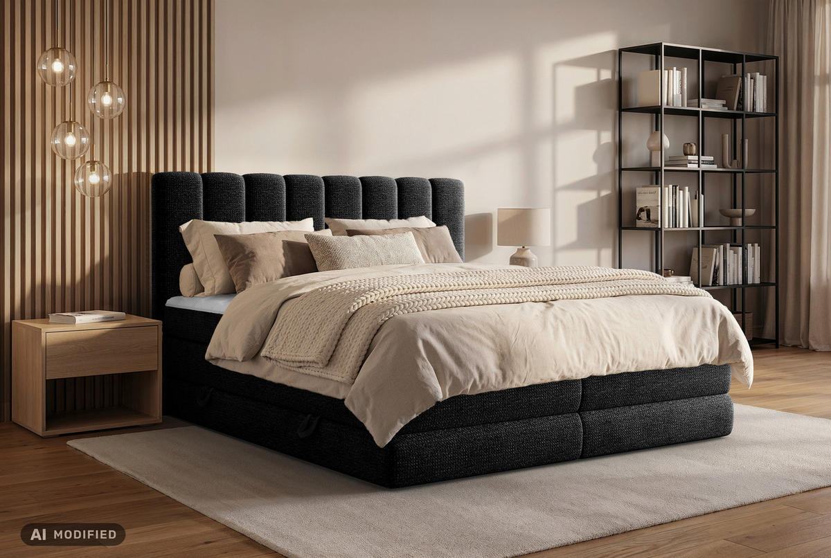 BOXSPRINGBETT 140/200 cm,  in Schwarz, Bettkasten, Matratzen, H2 + H3 = mittel + fest  - Schwarz, KONVENTIONELL, Kunststoff/Textil (140/200cm) - Carryhome