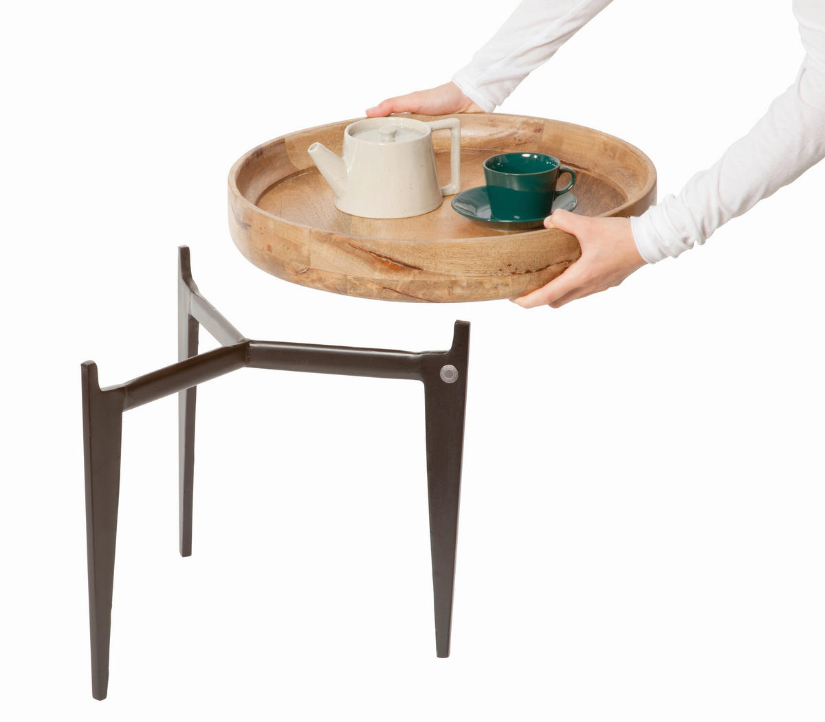 BEISTELLTISCH 46/46/42 cm Mangoholz massiv Naturfarben, Schwarz rund  - Schwarz/Naturfarben, Design, Holz/Metall (46/46/42cm) - MID.YOU