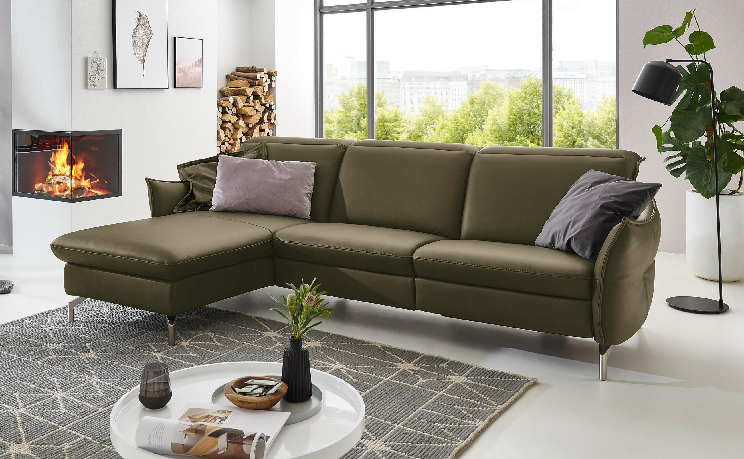 ECKSOFA in Echtleder Olivgrün  - Olivgrün/Nickelfarben, Modern, Leder/Metall (179/233cm) - Livetastic