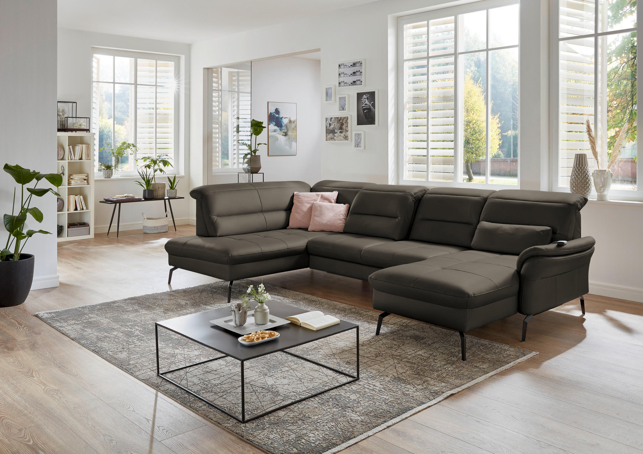 WOHNLANDSCHAFT in Echtleder Graubraun  - Graubraun/Schwarz, Design, Leder/Metall (206/336/181cm) - Beldomo Speed