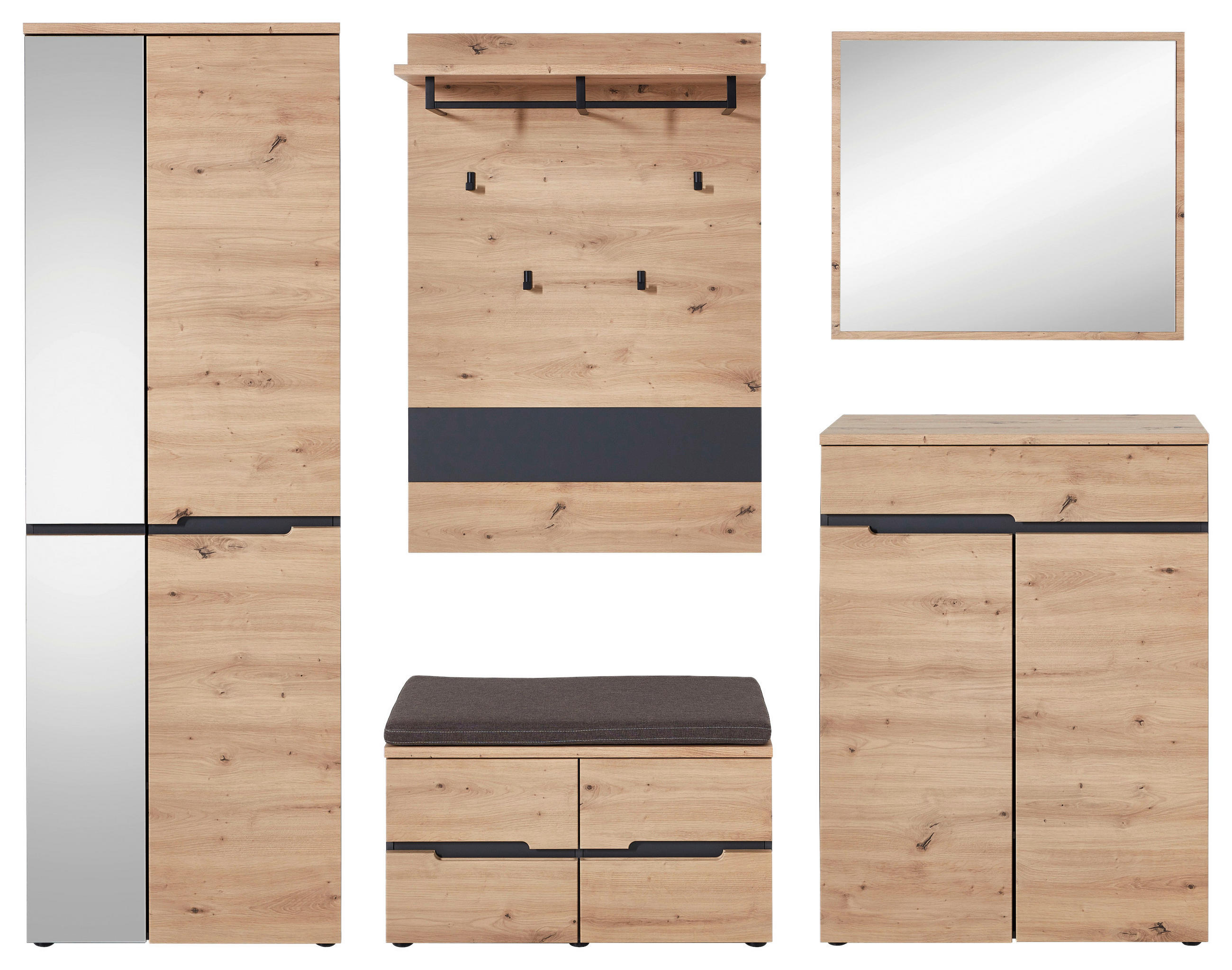 GARDEROBE 7-teilig  in 255/192/38 cm  - Graphitfarben/Eiche Artisan, Design, Glas/Holzwerkstoff (255/192/38cm) - Voleo