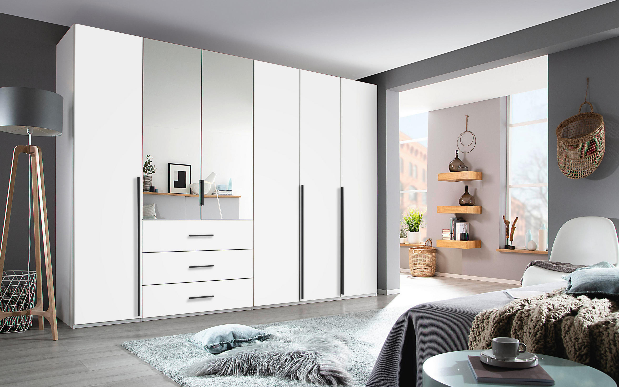 DREHTÜRENSCHRANK 301/223/60 cm,  in Weiß, 6-türig  - Graphitfarben/Weiß, Design, Glas/Holzwerkstoff (301/223/60cm) - home24