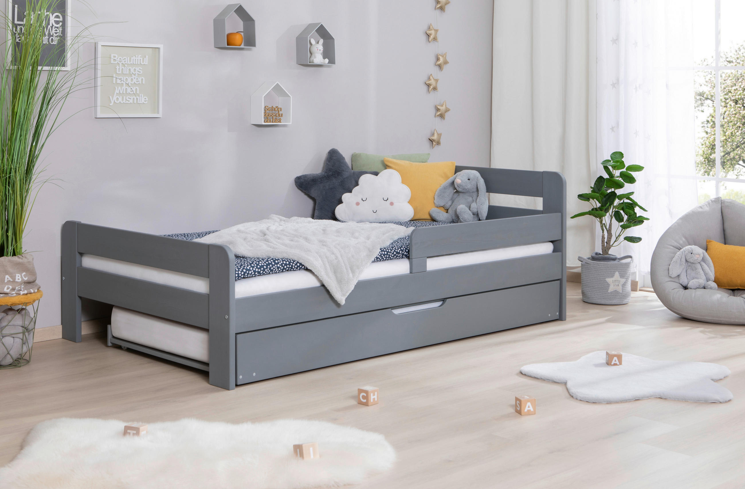 Bett Bennet mit Ausziehbett 120/200 cm Hellgrau  - Hellgrau, Modern, Holz (120/200cm) - MID.YOU