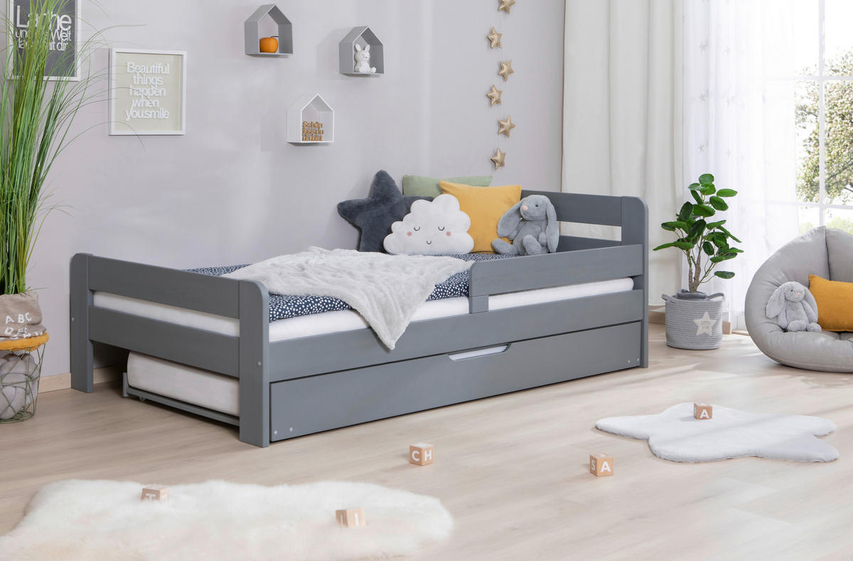Bett Bennet mit Ausziehbett 120/200 cm Hellgrau  - Hellgrau, Modern, Holz (120/200cm) - MID.YOU