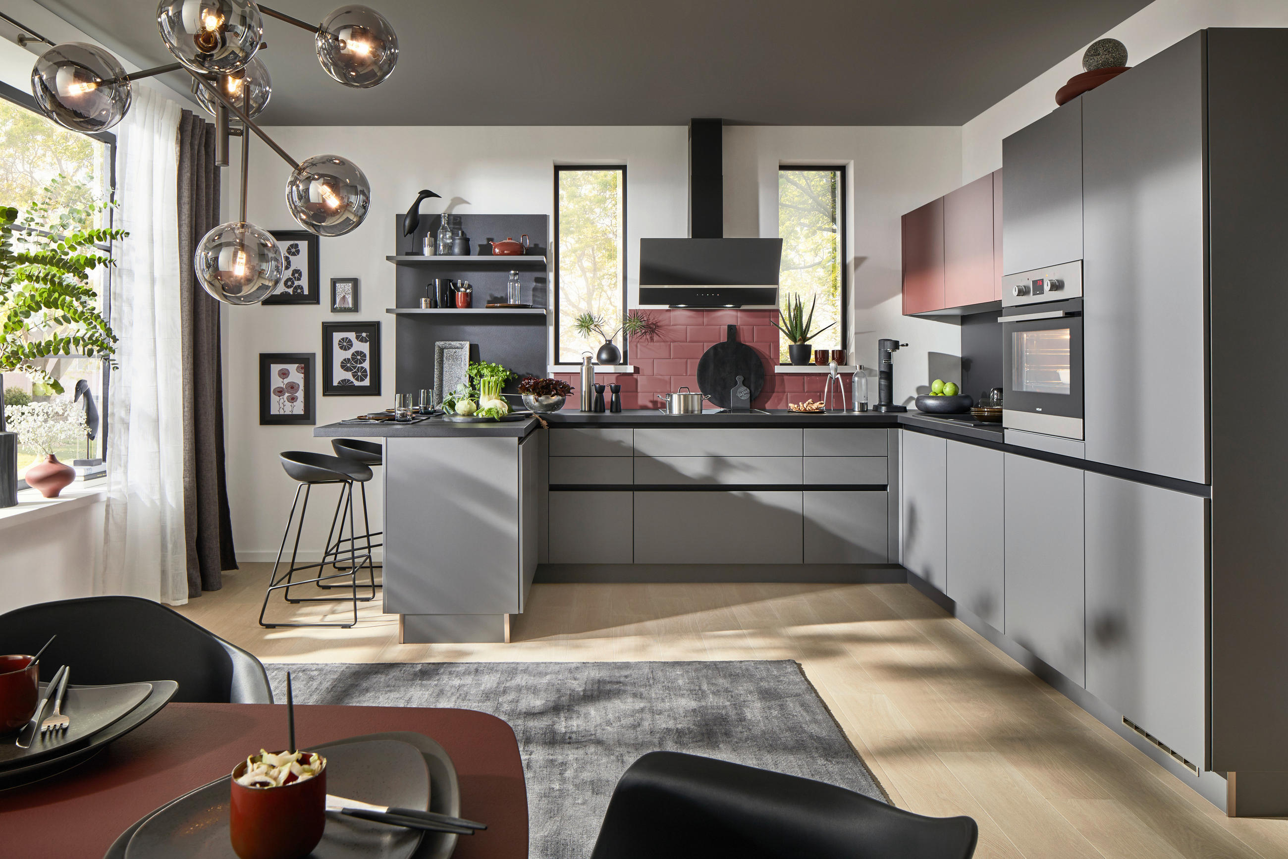 ECKKÜCHE  in Anthrazit, Rot  - Anthrazit/Rot, Basics, Holzwerkstoff/Metall (155/340/305cm) - Welnova