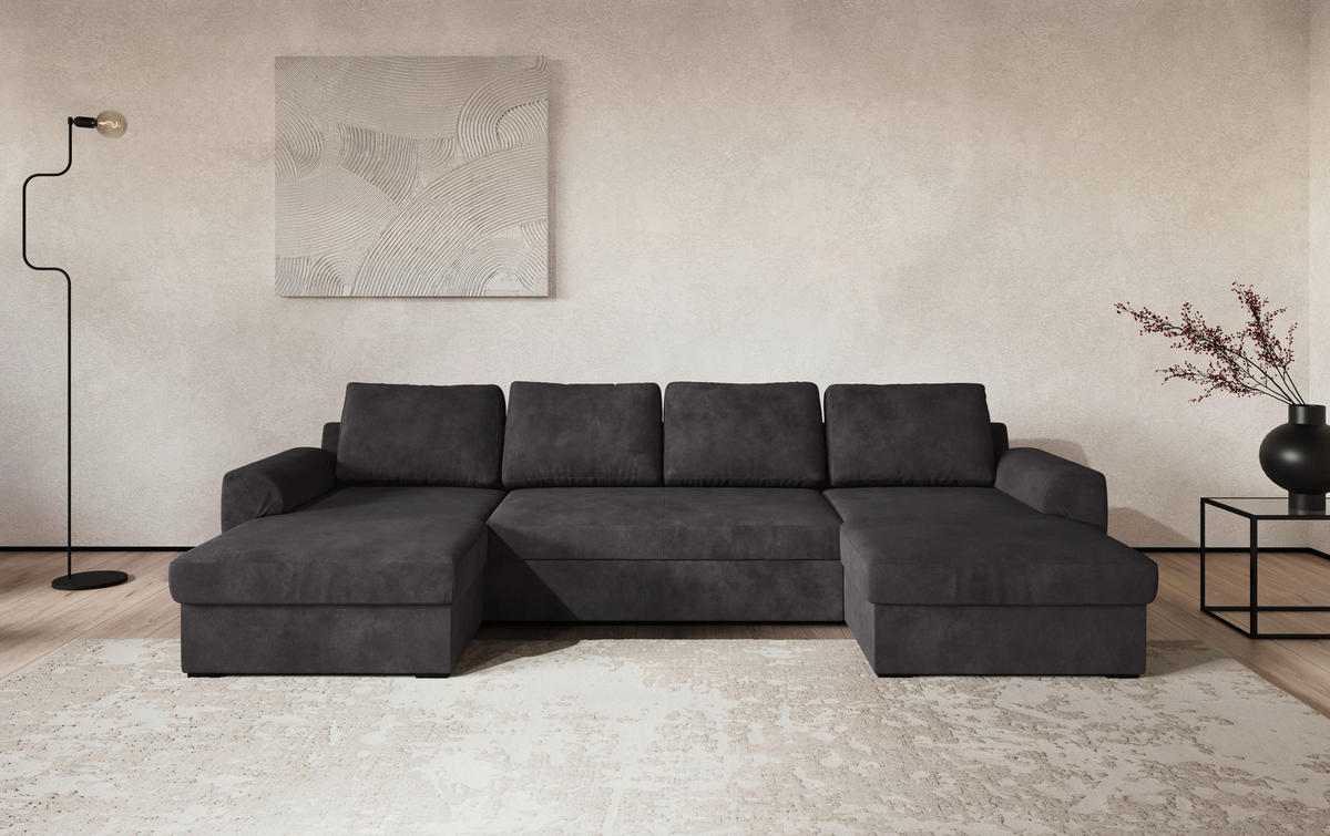 WOHNLANDSCHAFT Schwarz Mikrofaser  - Schwarz, Trend, Kunststoff/Textil (154/327/86cm) - MID.YOU