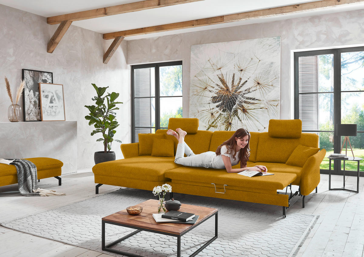 ECKSOFA in Velours Currygelb  - Currygelb/Schwarz, Design, Textil/Metall (179/306cm) - Beldomo System