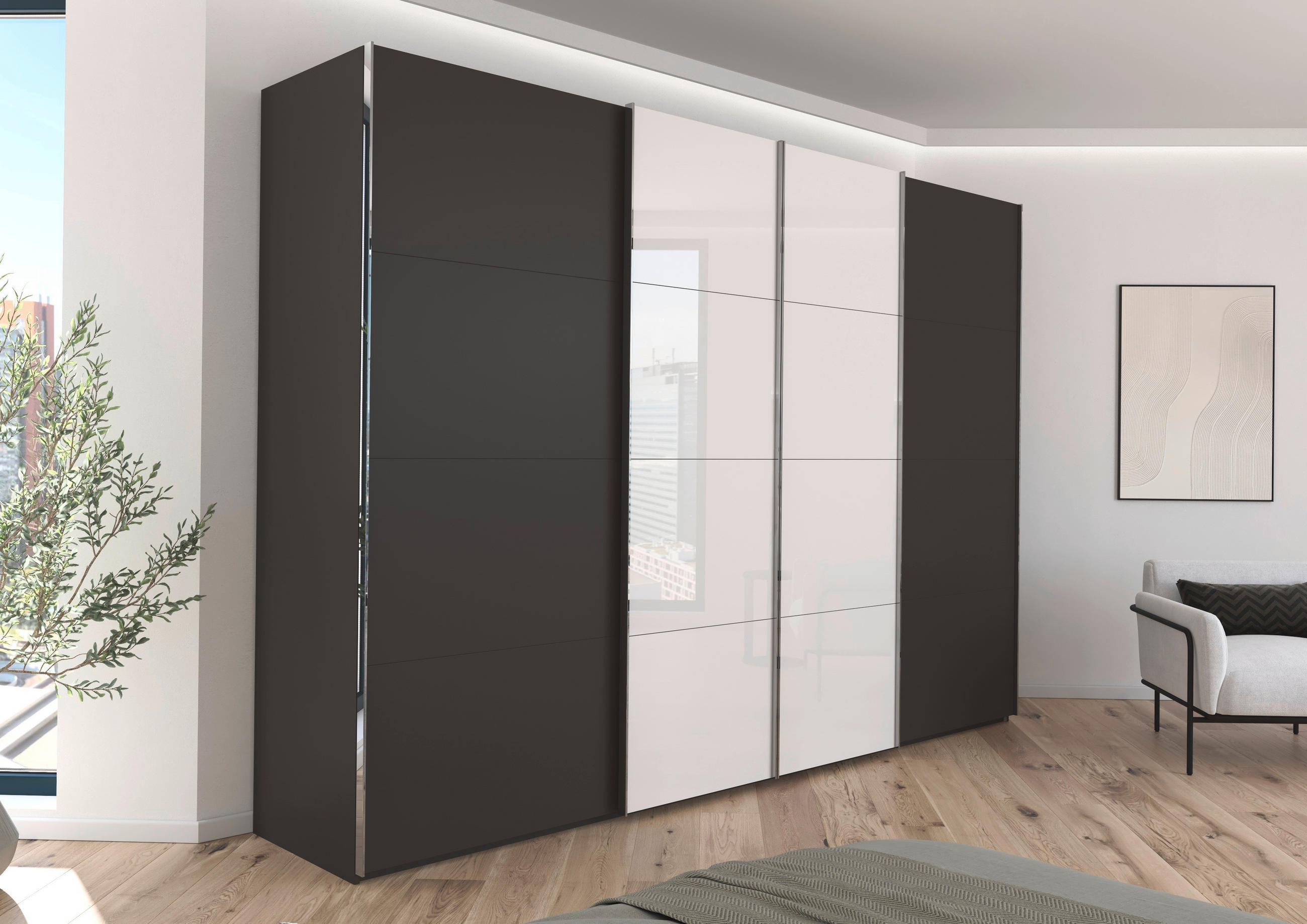 SCHWEBETÜRENSCHRANK 316/223/68 cm 4-türig Graphitfarben, Weiß  - Chromfarben/Graphitfarben, KONVENTIONELL, Glas/Holzwerkstoff (316/223/68cm) - Novel