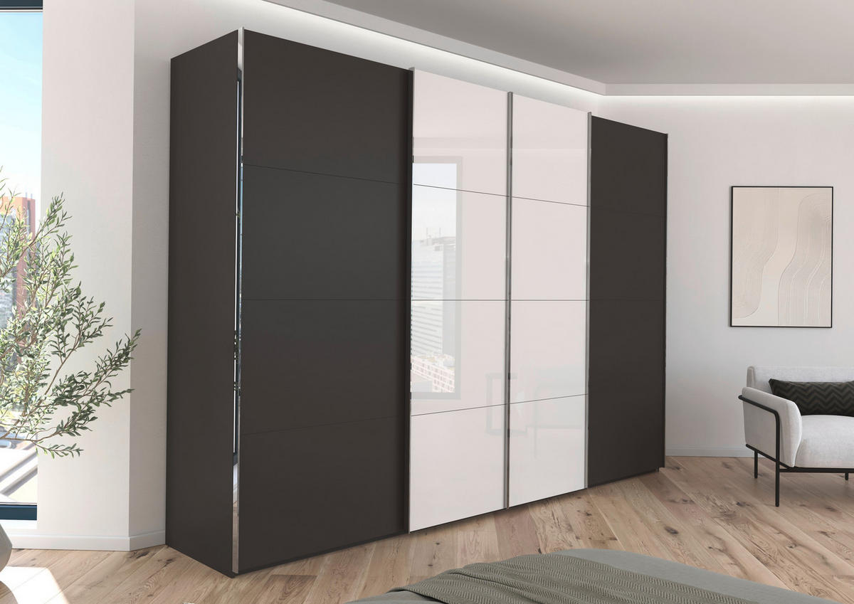 SCHWEBETÜRENSCHRANK 316/235/68 cm 4-türig Graphitfarben, Weiß  - Chromfarben/Graphitfarben, KONVENTIONELL, Glas/Holzwerkstoff (316/235/68cm) - Novel