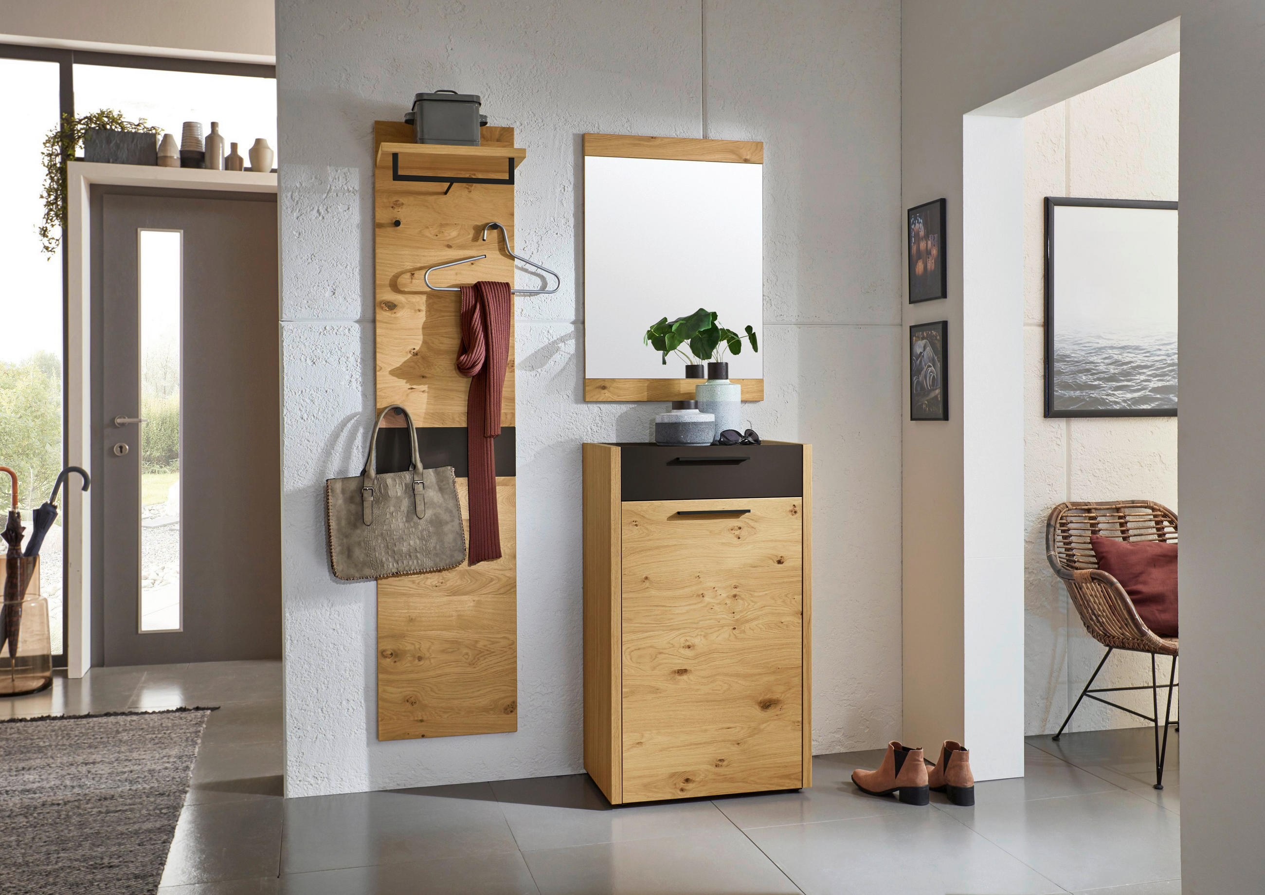 GARDEROBE 3-teilig in 115/195/37 cm - Eichefarben/Schwarz, Design, Glas/Holz (115/195/37cm)