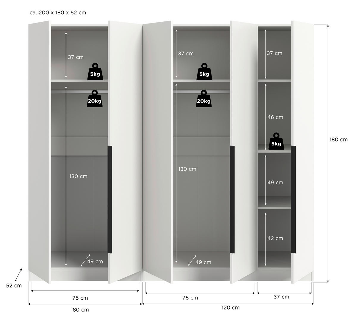 DREHTÜRENSCHRANK  in Weiß  - Schwarz/Weiß, MODERN, Holzwerkstoff (200/181/52cm) - MID.YOU