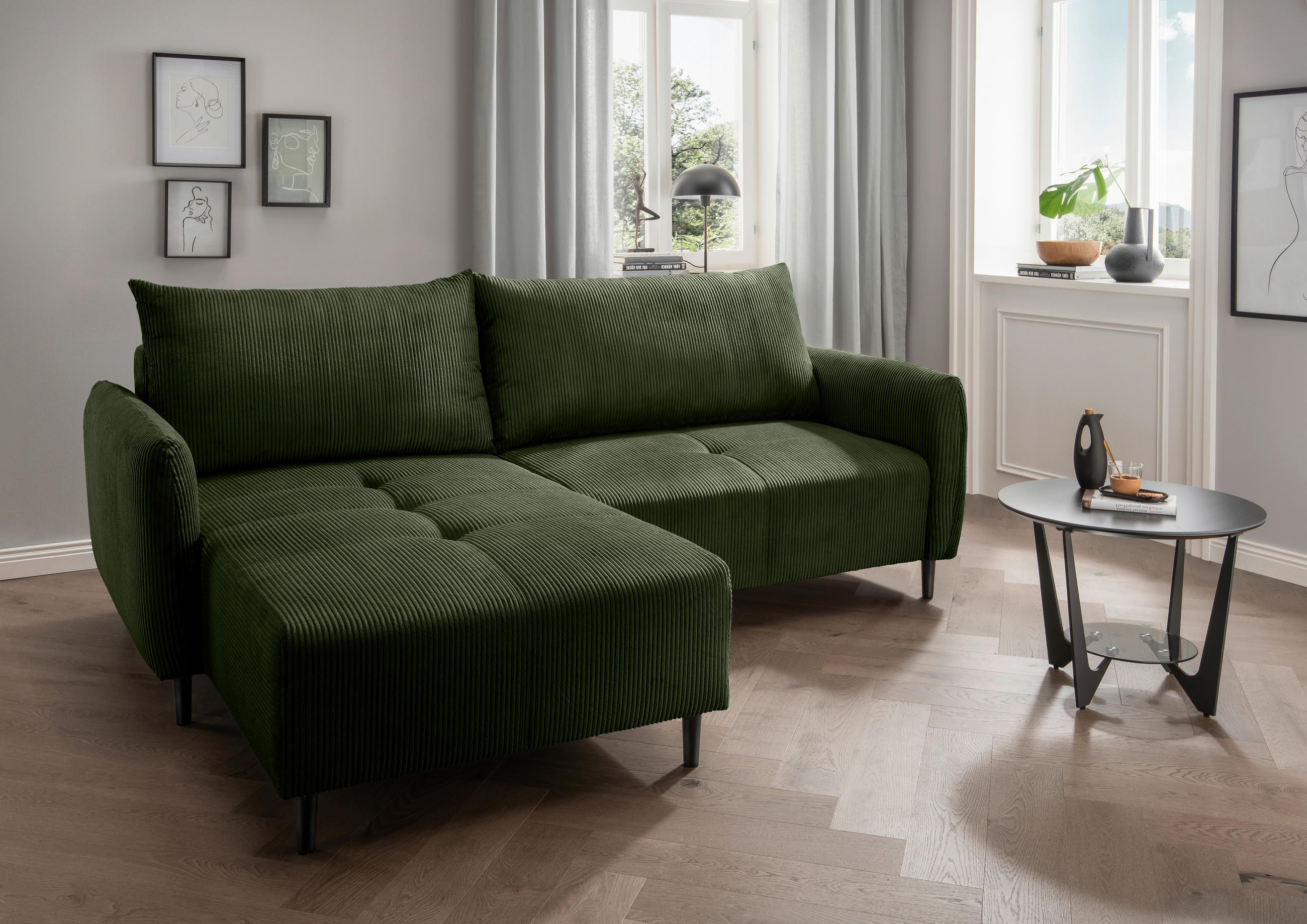 ECKSOFA in Cord Dunkelgrün  - Dunkelgrün/Schwarz, Basics, Holz/Textil (238/174cm) - Livetastic