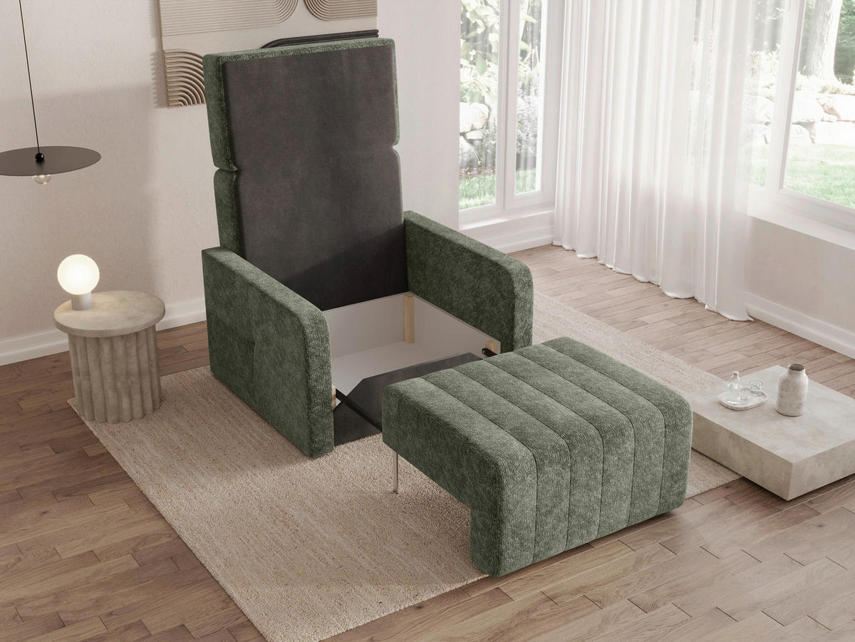 SCHLAFSESSEL Chenille Dunkelgrün Liegefunktion Rücken echt  inkl.  - Dunkelgrün/Schwarz, MODERN, Kunststoff/Textil (101/87/101cm) - Milino