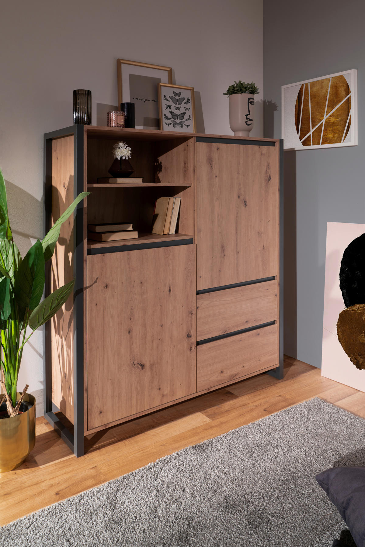 FÉLMAGAS SZEKRÉNY 120/140/40 cm  - tölgyfa/antracit, Modern, faalapú anyag (120/140/40cm) - MID.YOU