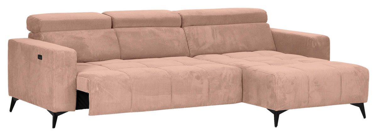 ECKSOFA Altrosa Cord Rücken echt, Kopfteilverstellung, Sitzvorzug  - Schwarz/Altrosa, KONVENTIONELL, Textil/Metall (257/170cm) - Carryhome
