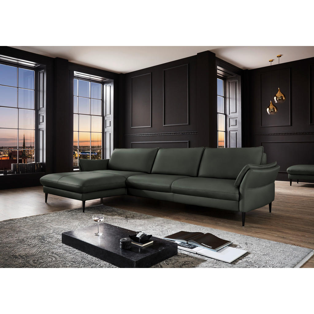 Thumbnail - Hukla Ecksofa, Olivgrün, Leder, Echtleder, Longlife-Leder, Semi-Anilinleder, 4-Sitzer, Ottomane links, L-Form, 334x172 c...