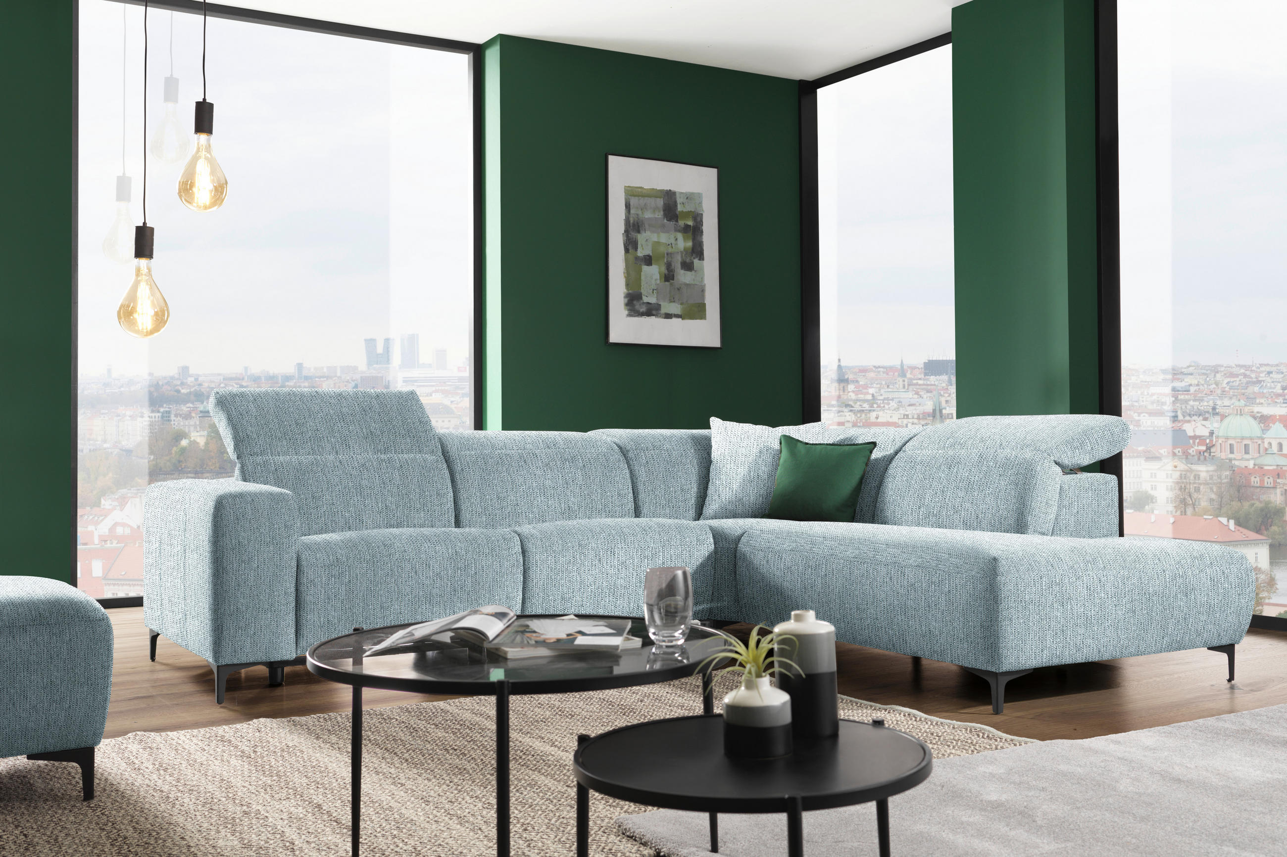ECKSOFA in Flachgewebe Hellblau  - Schwarz/Hellblau, Design, Textil/Metall (290/238cm) - Pure Home Lifestyle