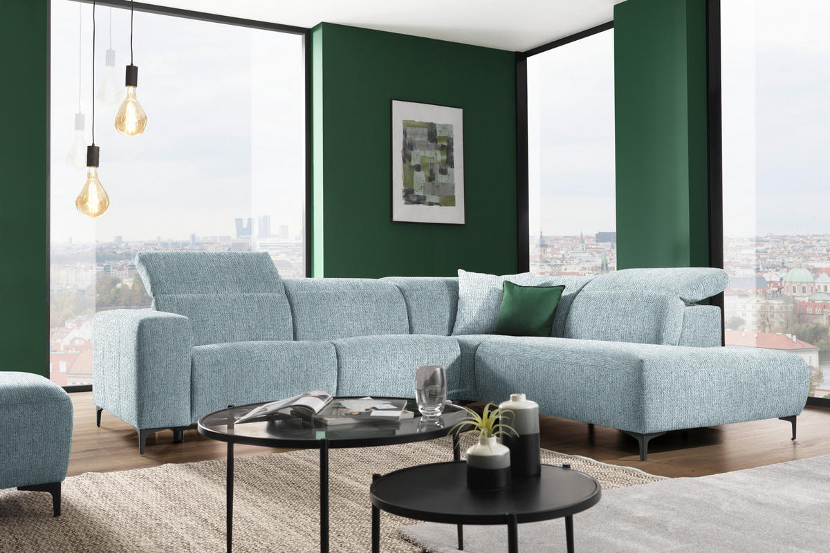 ECKSOFA in Flachgewebe Hellblau  - Schwarz/Hellblau, Design, Textil/Metall (290/238cm) - Pure Home Lifestyle