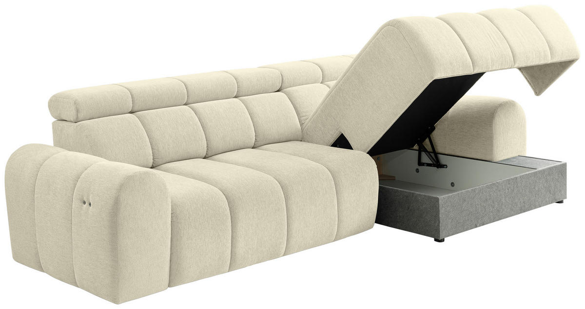 ECKSOFA Creme Chenille Bettkasten, Rücken echt, Kopfteilverstellung, Sitzvorzug  - Creme/Schwarz, Design, Kunststoff/Textil (290/152cm) - Stylife