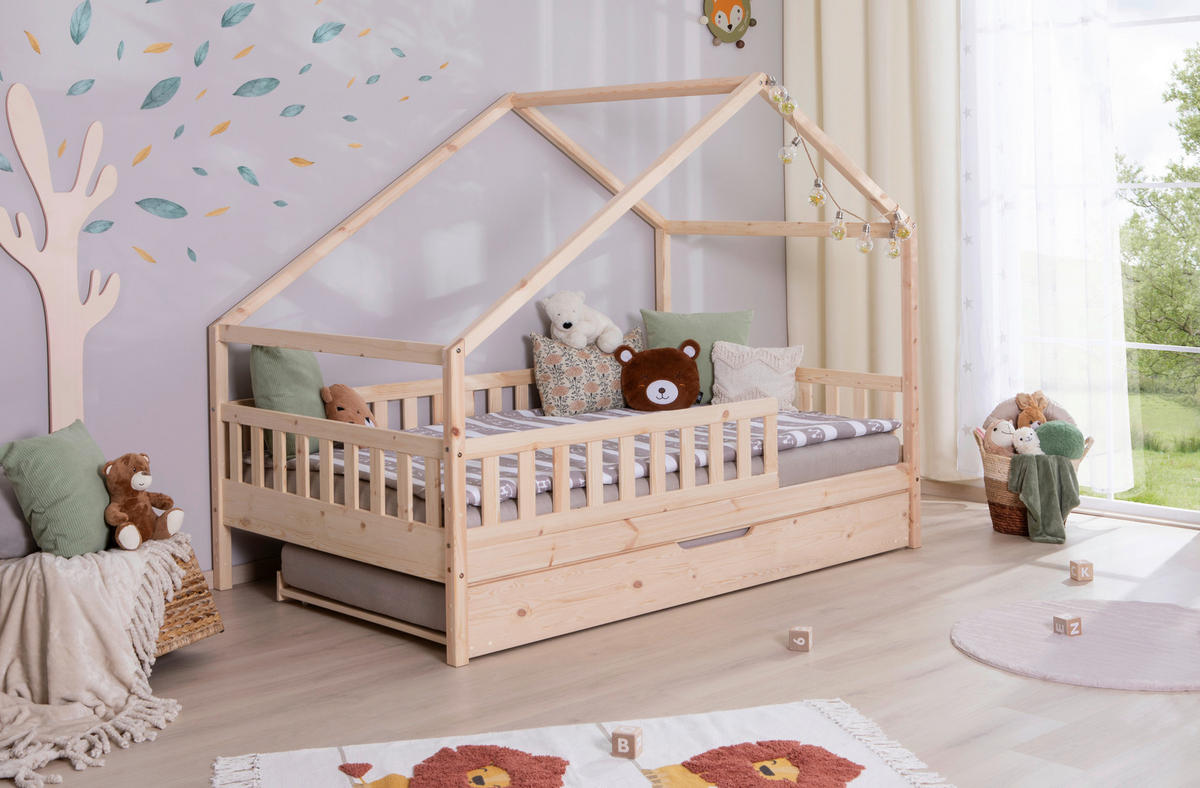 HAUSBETT 120/200 cm,  in Naturfarben, Absturzsicherung, Matratze, Rollrost, Bettkasten  - Weiß/Naturfarben, MODERN, Holz/Textil (120/200cm) - MID.YOU