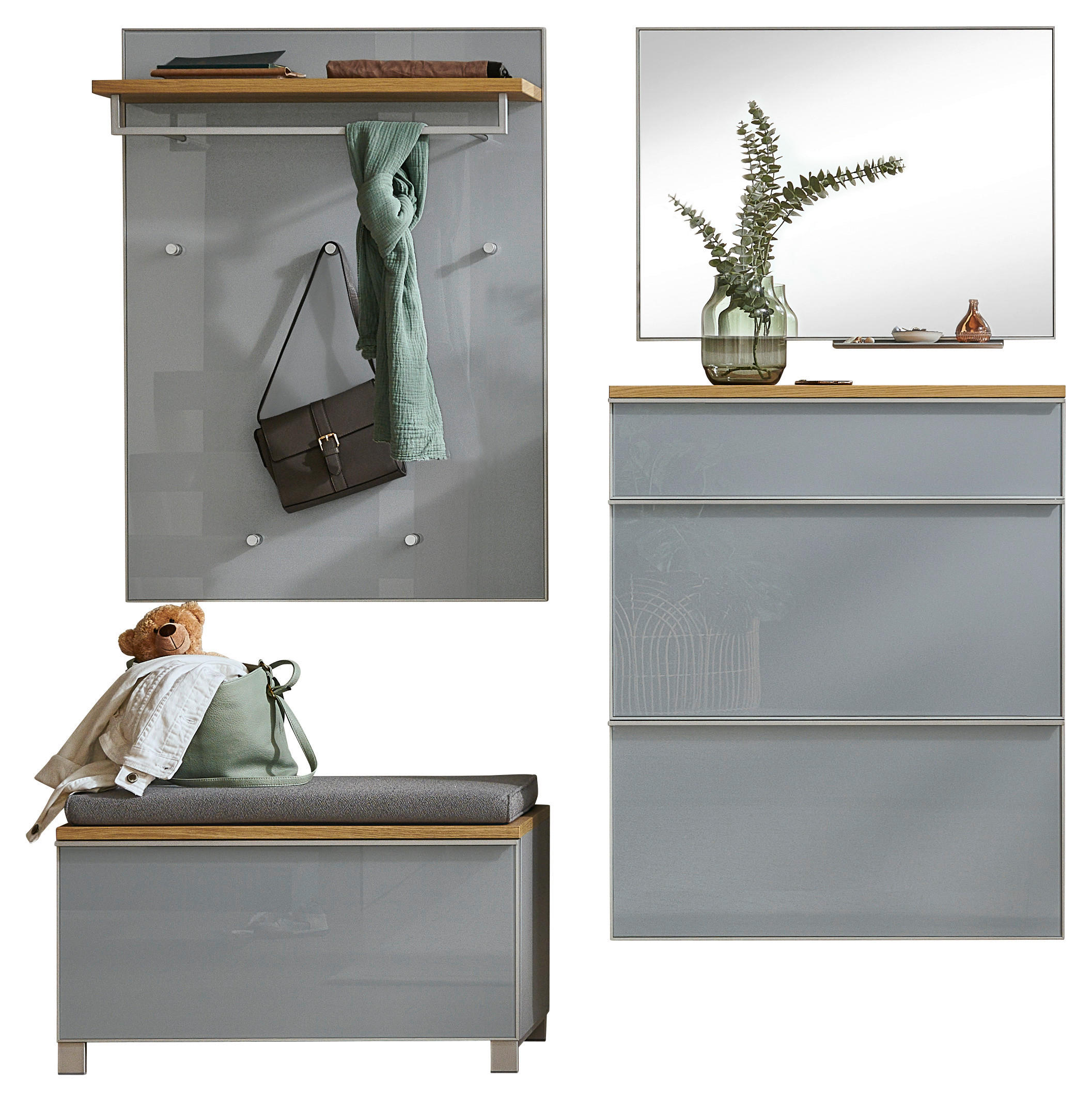 GARDEROBE 6-teilig in 190/195/40 cm - Alufarben/Grau, Design, Glas/Holz (190/195/40cm)