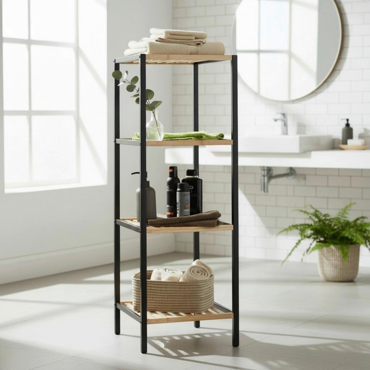 REGAL Bambus Hartholz Naturfarben, Schwarz  - Schwarz/Naturfarben, Design, Holz (35/115/35cm)
