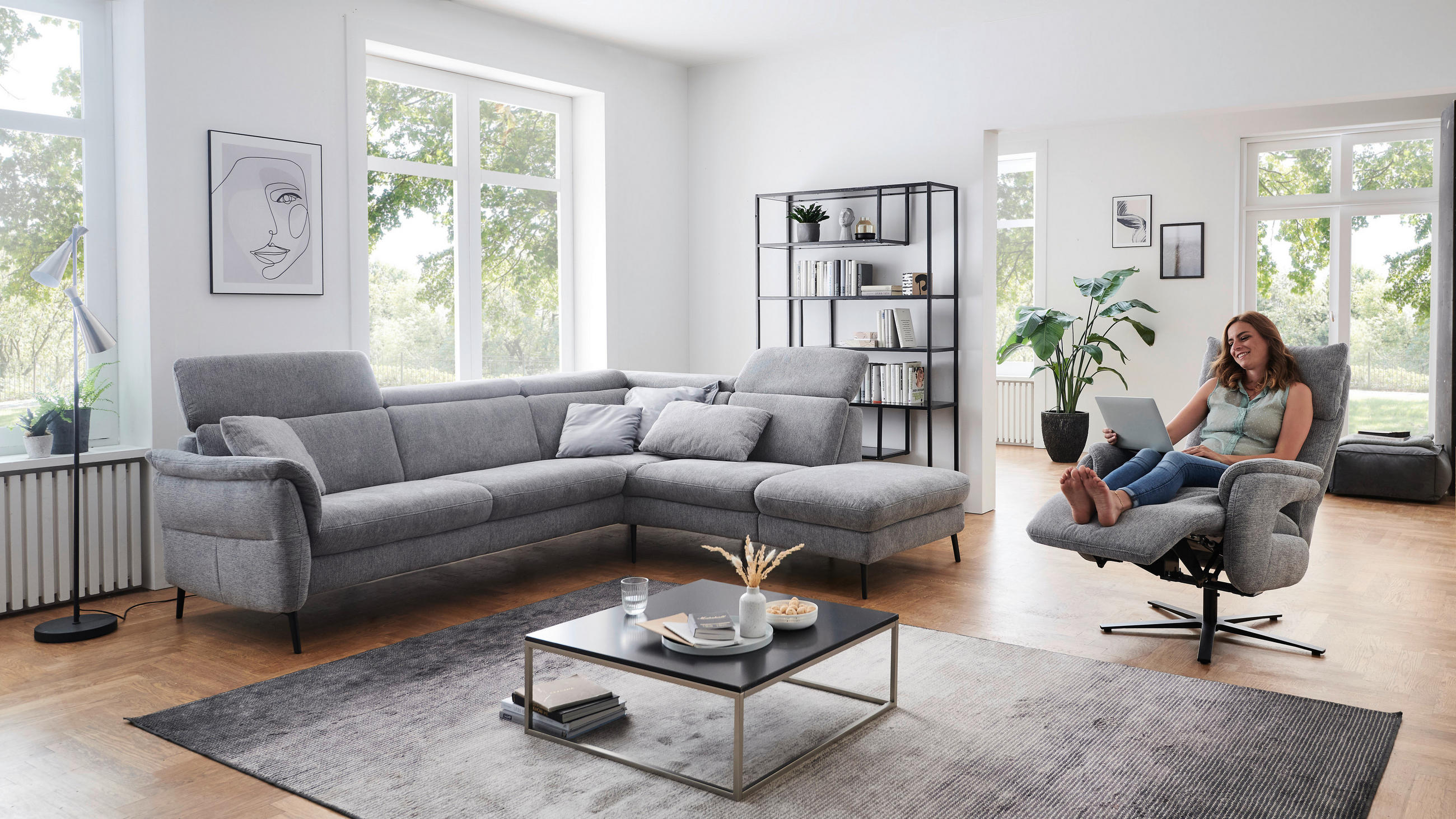 Thumbnail - Cantus Ecksofa, Grau, Textil, 4-Sitzer, L-Form, Ottomane rechts, 275x235 cm, Goldenes M, Typenauswahl, Lederauswahl, Sto...