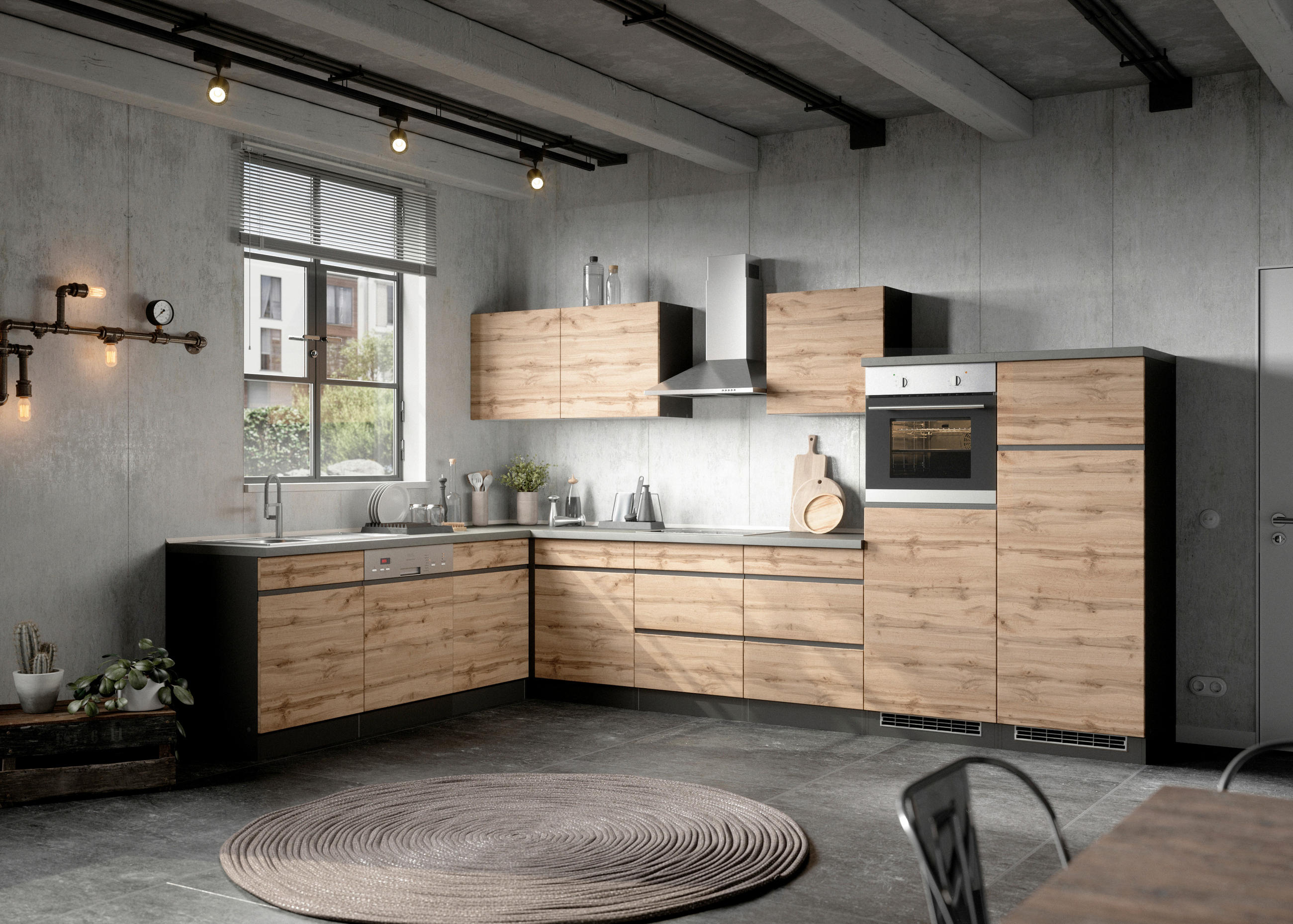 Eckküche Turin Mit Geräten 240x360 Cm Graphit/eiche Dekor