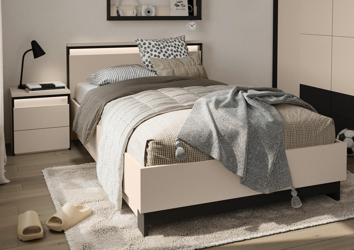 BETT 120/200 cm,  in Schwarz, Beige, Beleuchtung  - Beige/Schwarz, Design, Metall (120/200cm) - Voleo