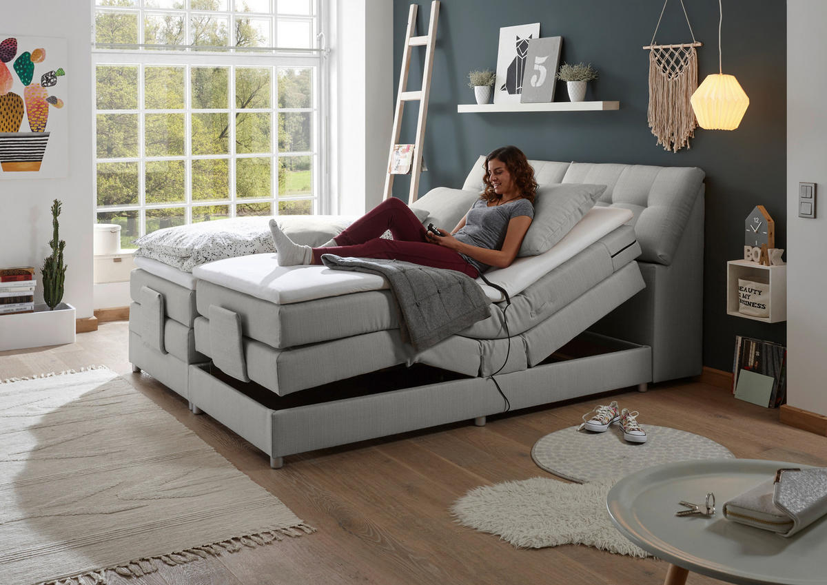 BOXSPRINGBETT 180/200 cm,  in Silberfarben, Matratze, Bettkasten, Topper, motorische Verstellbarkeit, H2 = mittel  - Silberfarben, Design, Kunststoff/Textil (180/200cm) - Esposa