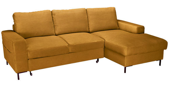 ECKSOFA Currygelb Cord Rückenkissen, Bettkasten, Schlaffunktion, Rücken echt, Liegefläche im Originalstoff  - Currygelb/Schwarz, KONVENTIONELL, Textil/Metall (240/150cm) - Carryhome