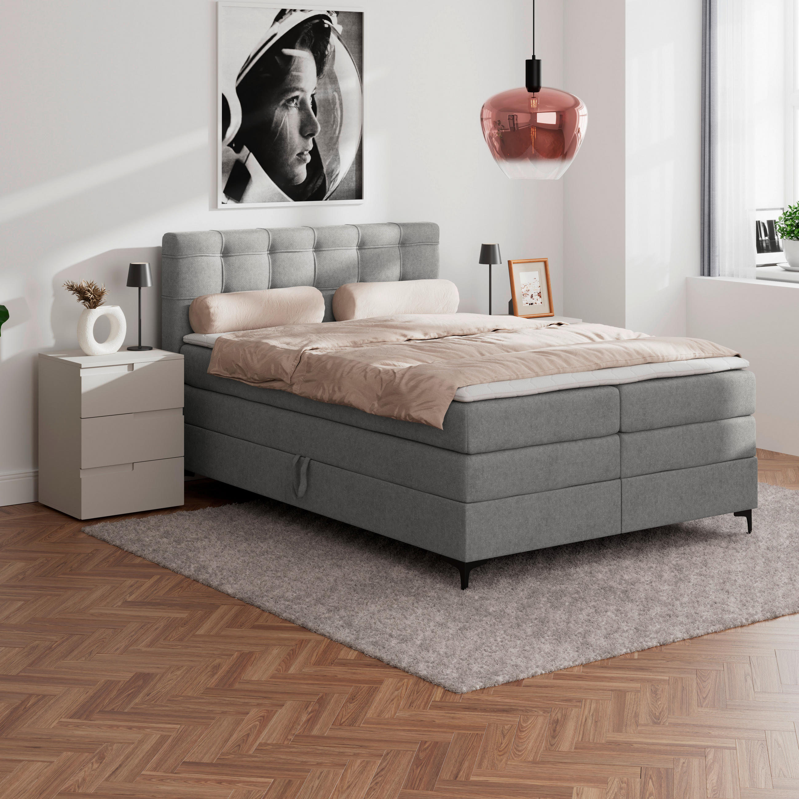 BOXSPRINGBETT 140/200 cm,  in Grau, H3 = fest  - Schwarz/Grau, KONVENTIONELL, Kunststoff/Textil (140/200cm)