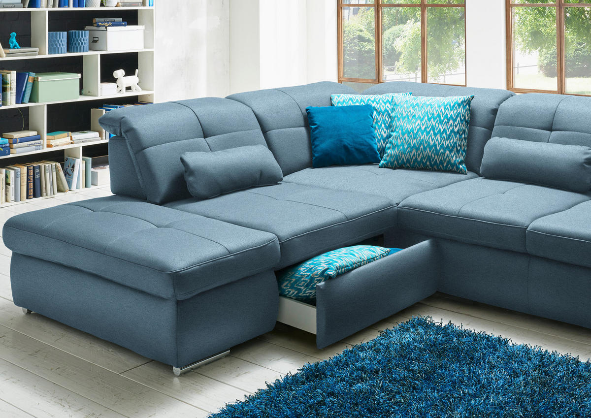 WOHNLANDSCHAFT  in Mikrofaser Hellblau  - Chromfarben/Hellblau, Design, Holzwerkstoff/Textil (260/371/195cm) - Beldomo Style