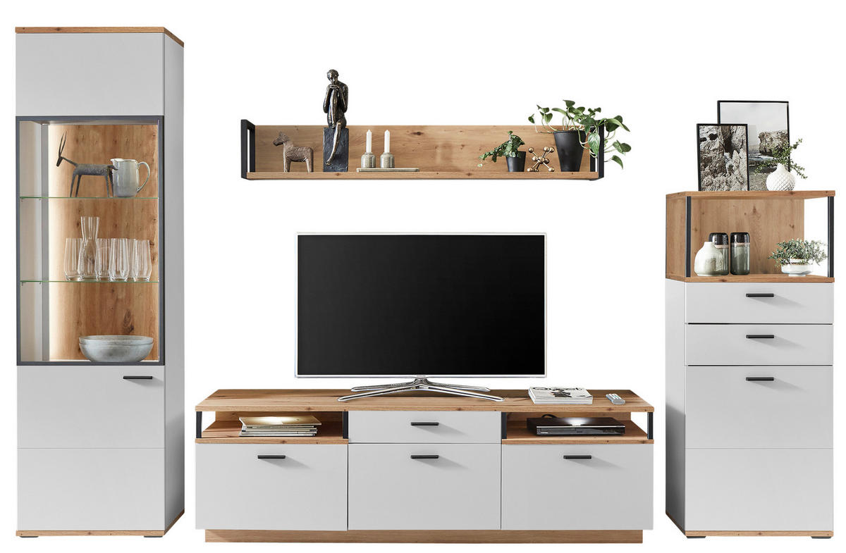 WOHNWAND  in Weiss, Eiche Artisan 320/206/50 cm  - Weiss/Schwarz, Design, Glas/Holzwerkstoff (320/206/50cm) - Stylife