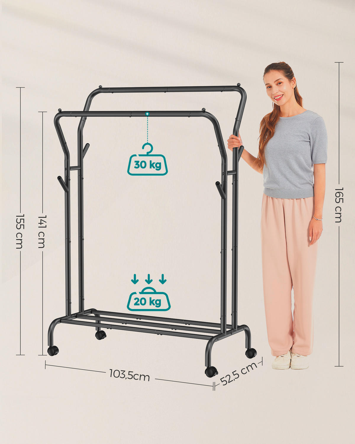 POJAZDNÝ STOJAN NA ODEVY - čierna, Basics, kov/plast (103,5/155/52,5cm)